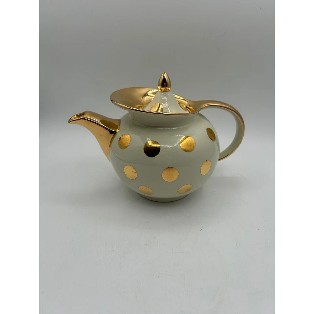 Hall Teapot 6 Cup Cream Ivory Gold Dot Vintage Mid Century Modern Ceramic